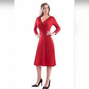 NWT Tam Ware Surplice Neckline Pleated Waist Fit & Flare Dress Small Red